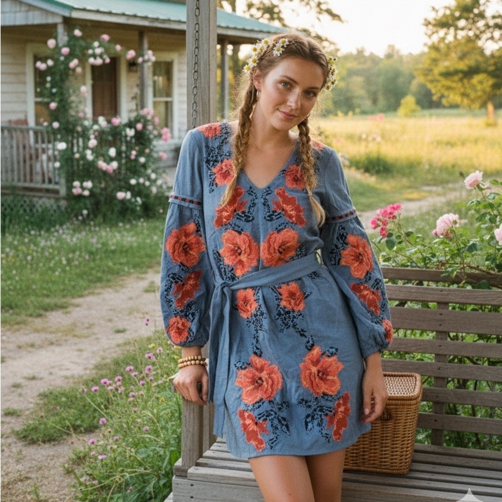 Parker Denim Blue Dress with Red Floral Embroidery size 2